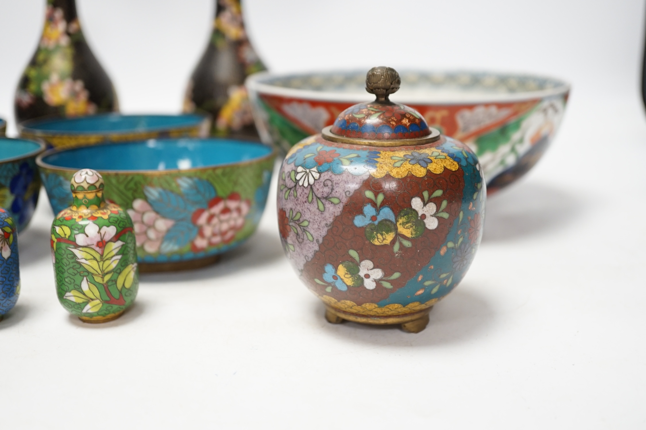 A Japanese Arita bowl and a quantity of Japanese and Chinese cloisonné enamel wares, tallest 17cm. Condition - fair